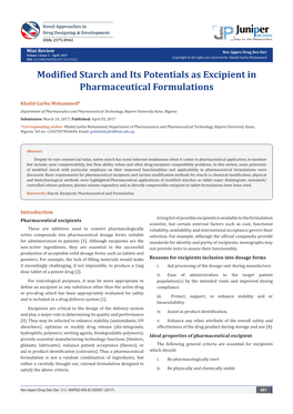 Modified Starch and Its Potentials As Excipient in Pharmaceutical Formulations
