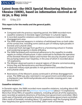 Latest from the OSCE Special Monitoring Mission to Ukraine (SMM), Based on Information Received As of 19:30, 9 May 2019 KYIV 10 May 2019