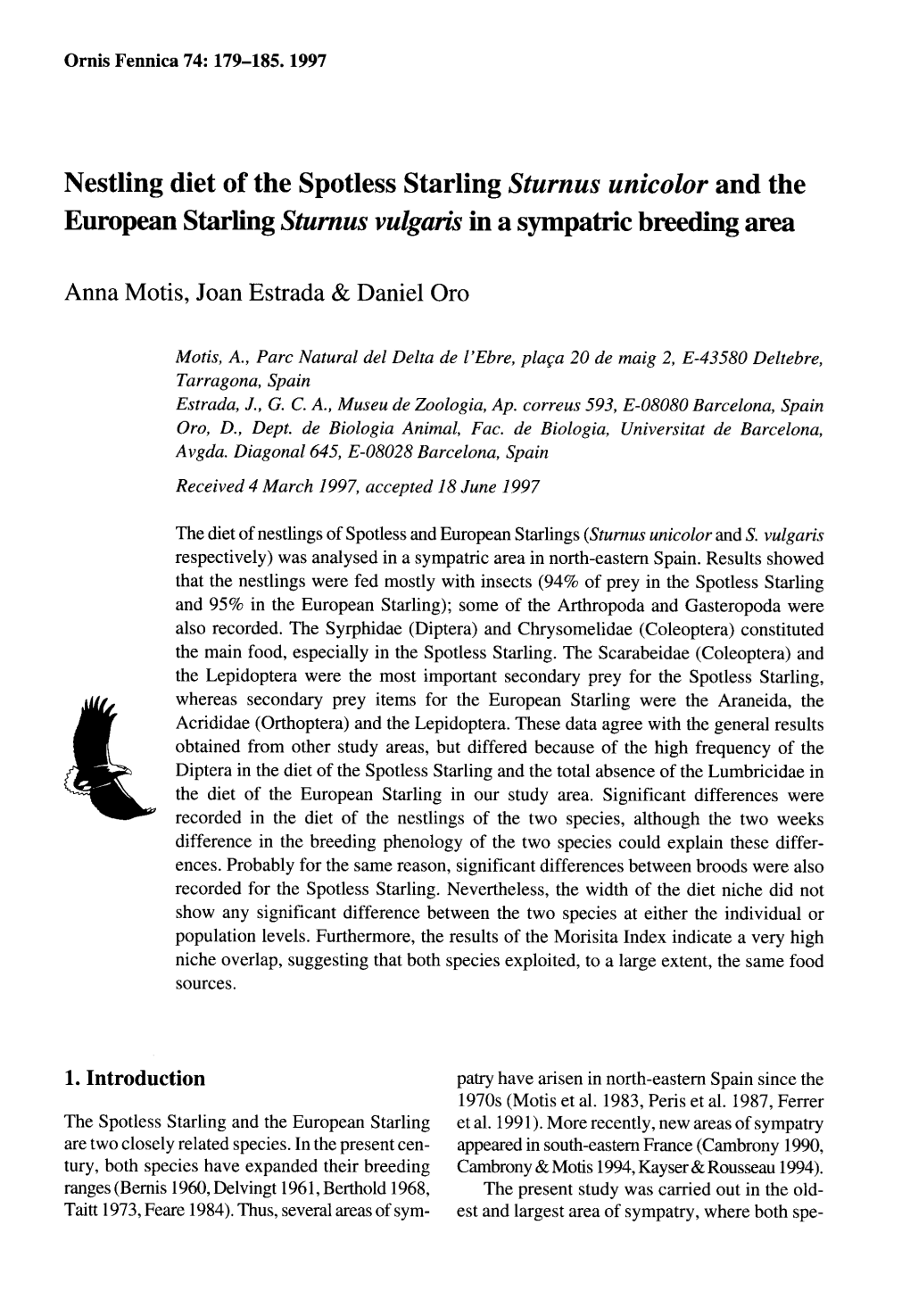 Nestling Diet of the Spotless Starling Sturnus Unicolor and the European Starling Sturnus Vulgaris in a Sympatric Breeding Area