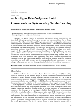 An Intelligent Data Analysis for Hotel Recommendation Systems Using Machine Learning