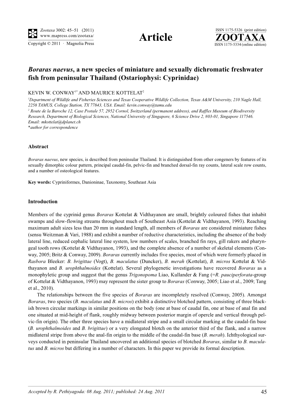 Boraras Naevus, a New Species of Miniature and Sexually Dichromatic Freshwater Fish from Peninsular Thailand (Ostariophysi: Cyprinidae)