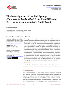 The Investigation of the Ball Sponge Cinachyrella Kuekenthali from Two Different Environments on Jamaica’S North Coast