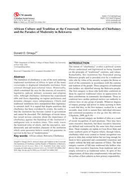 African Culture and Tradition at the Crossroad: the Institution of Chieftaincy and the Paradox of Modernity in Bekwarra