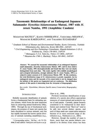 Taxonomic Relationships of an Endangered Japanese Salamander Hynobius Hidamontanus Matsui, 1987 with H. Tenuis Nambu, 1991 (Amphibia: Caudata)