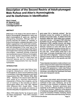 Description of the Second Rectrix of Adult-Plumaged Male Rufous and Allen's Hummingbirds and Its Usefulness in Identification