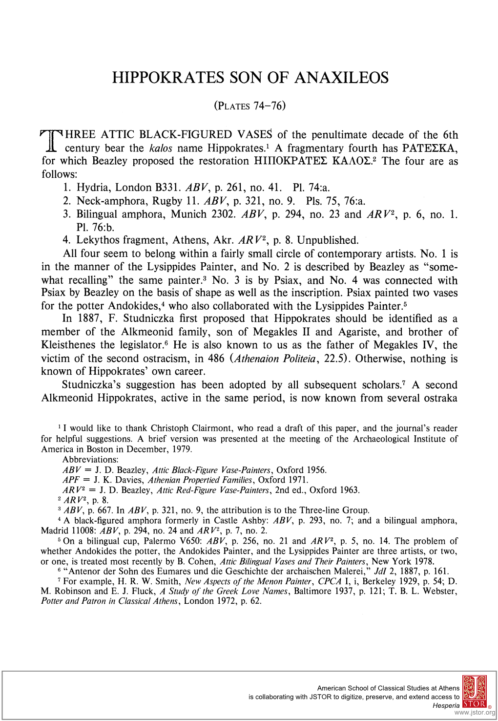 Hippokrates Son of Anaxileos, Whose Name Appearson Ostraka of the 480'S (P1