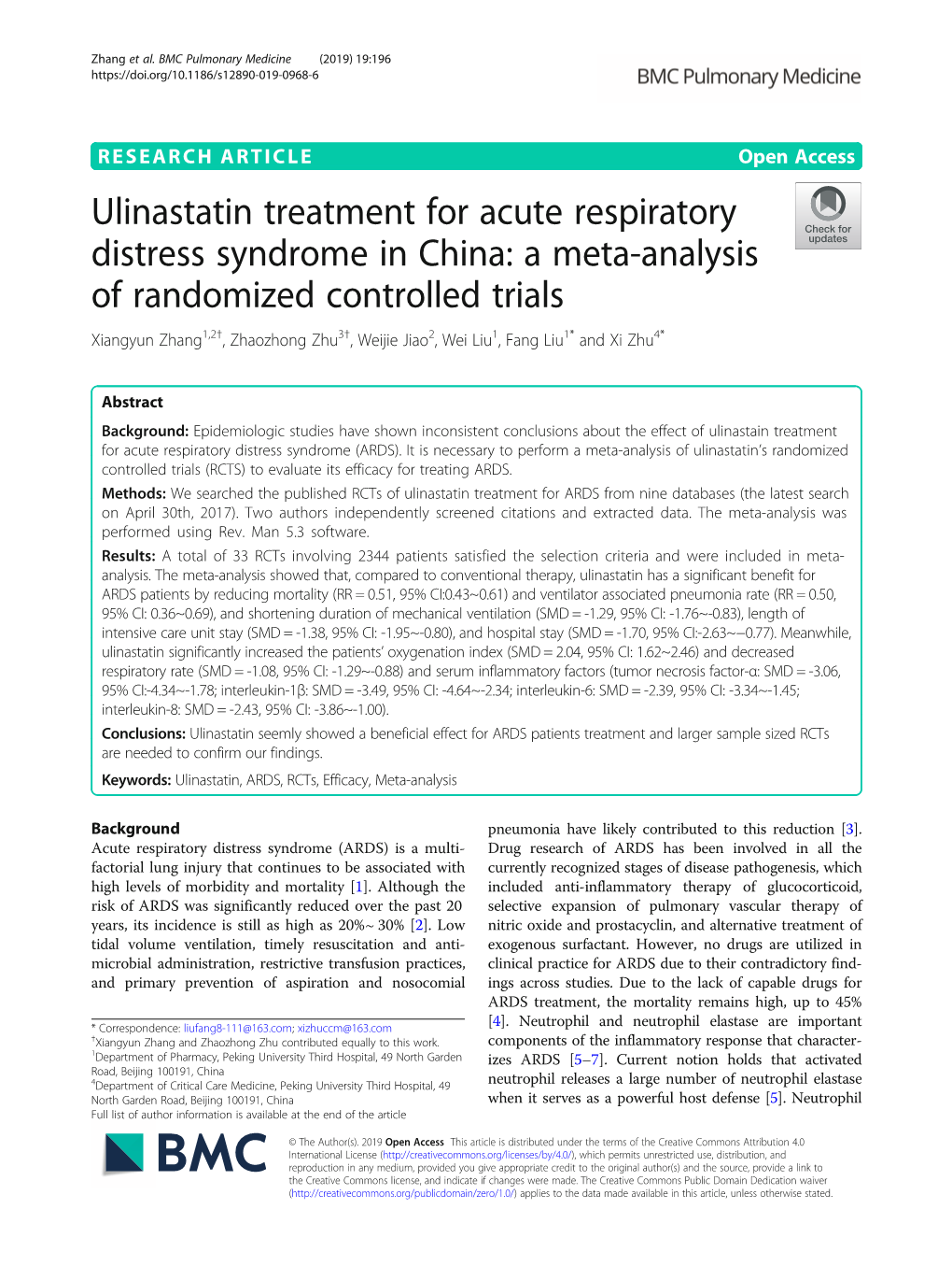 Ulinastatin Treatment for Acute Respiratory Distress Syndrome In