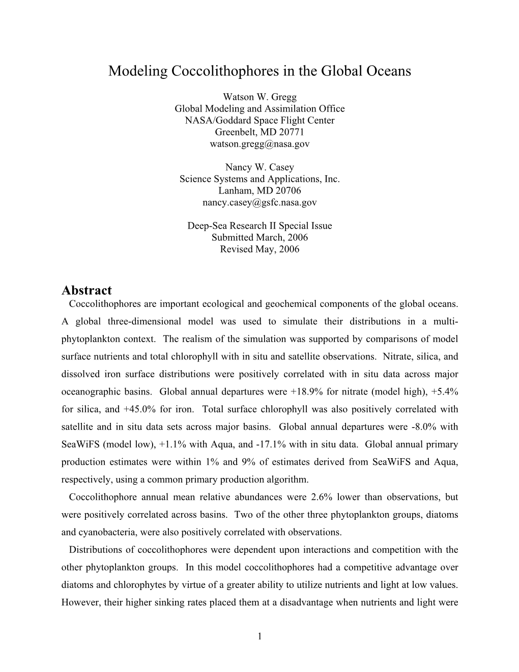 Modeling Coccolithophores in the Global Oceans