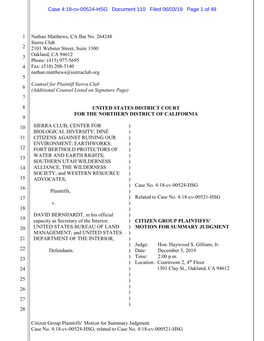 Citizen Group Plaintiffs' Motion for Summary Judgment Case No. 4:18