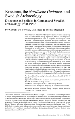 Discourse and Politics in German and Swedish Archaeology 1900-1950'