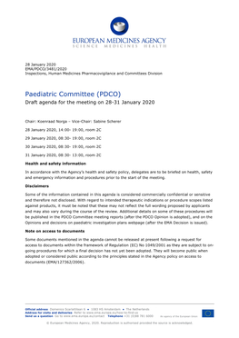 Paediatric Committee (PDCO) Draft Agenda for the Meeting on 28-31 January 2020