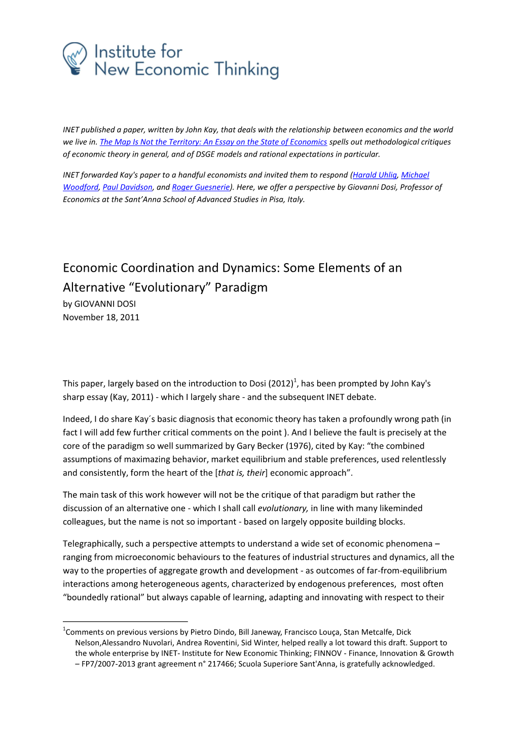 Economic Coordination and Dynamics: Some Elements of an Alternative “Evolutionary” Paradigm by GIOVANNI DOSI November 18, 2011