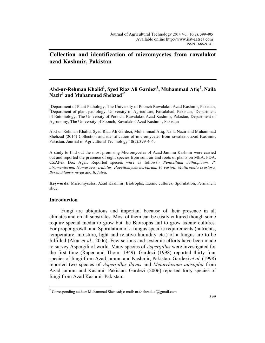 Collection and Identification of Micromycetes from Rawalakot Azad Kashmir, Pakistan