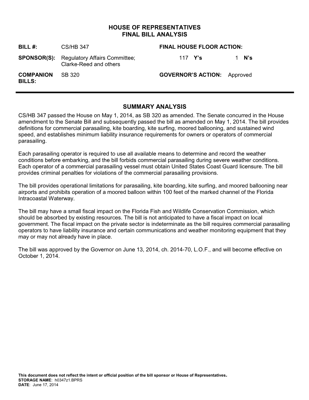 House of Representatives Final Bill Analysis Summary