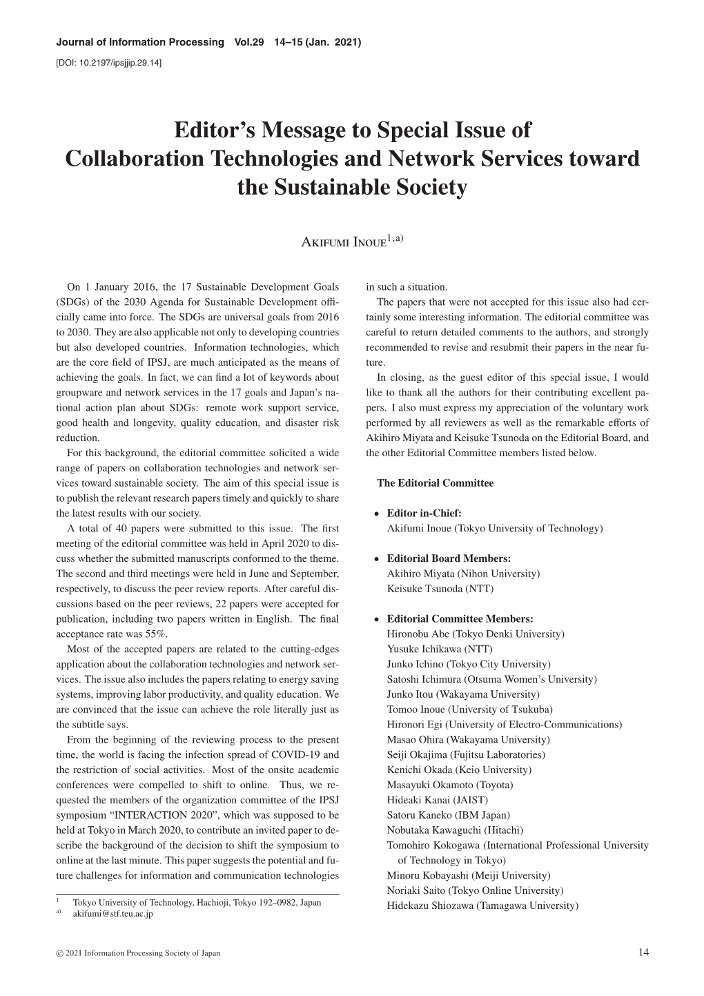 Editor's Message to Special Issue of Collaboration Technologies And