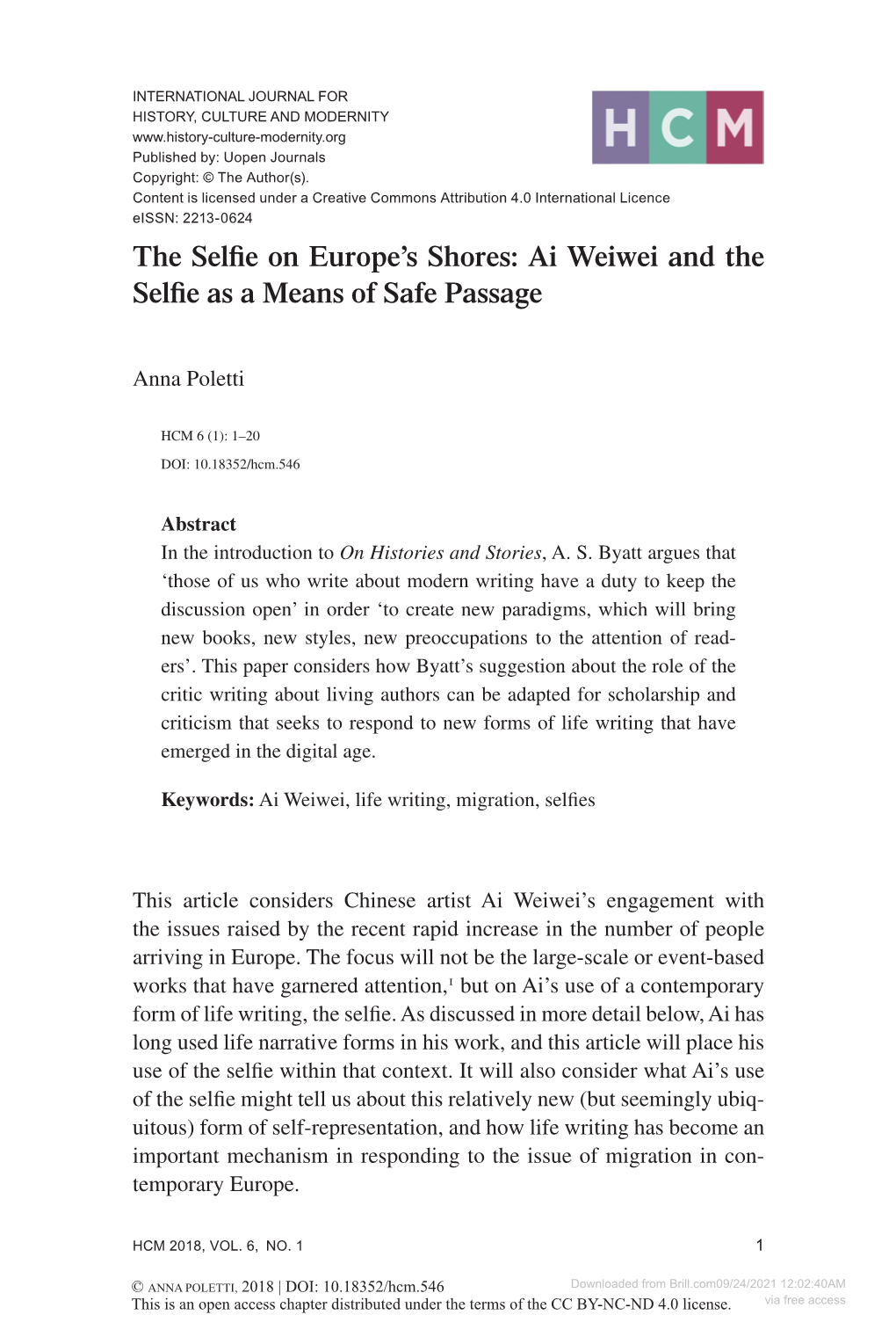 The Selfie on Europe's Shores: Ai Weiwei and the Selfie As a Means