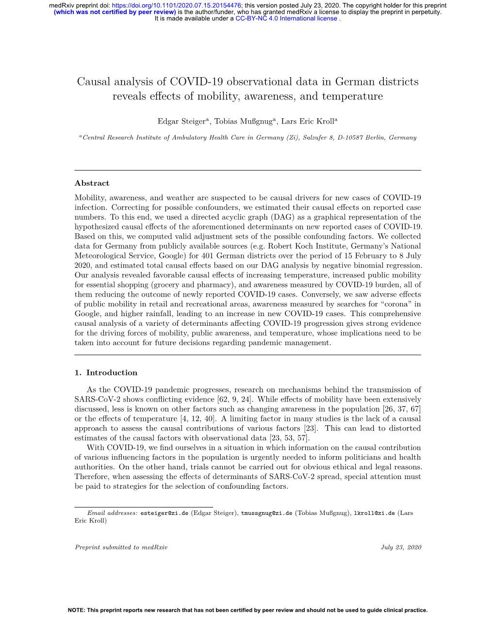 Causal Analysis of COVID-19 Observational Data in German Districts Reveals Eﬀects of Mobility, Awareness, and Temperature