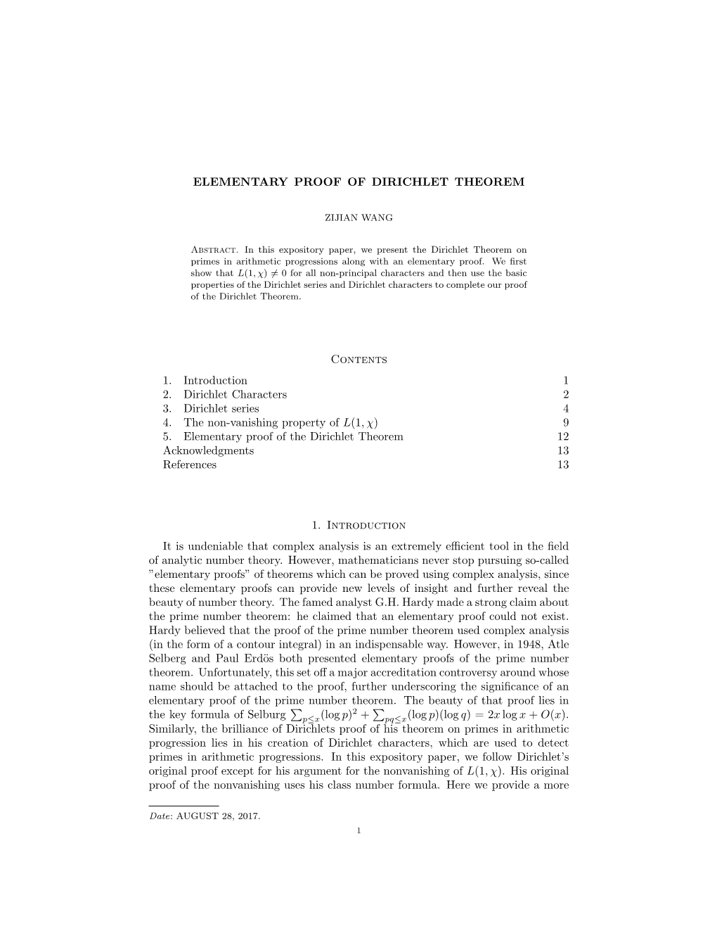 Elementary Proof of Dirichlet Theorem