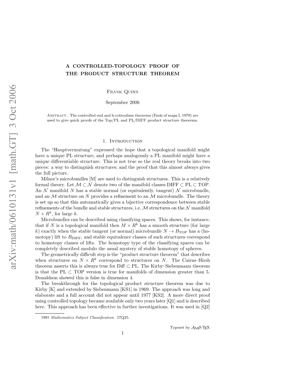 Arxiv:Math/0610131V1 [Math.GT] 3 Oct 2006 Omlter.Let Theory