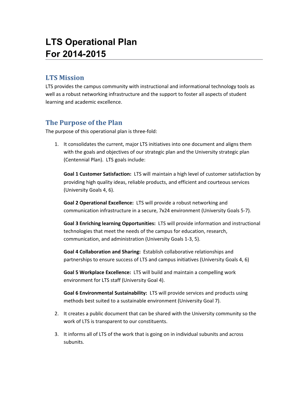 2014-2015 LTS Operational Plan