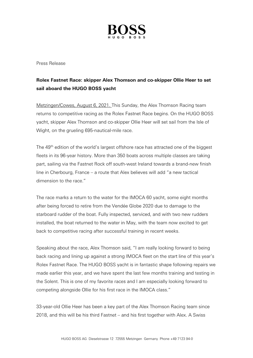 Press Release Rolex Fastnet Race: Skipper Alex Thomson and Co