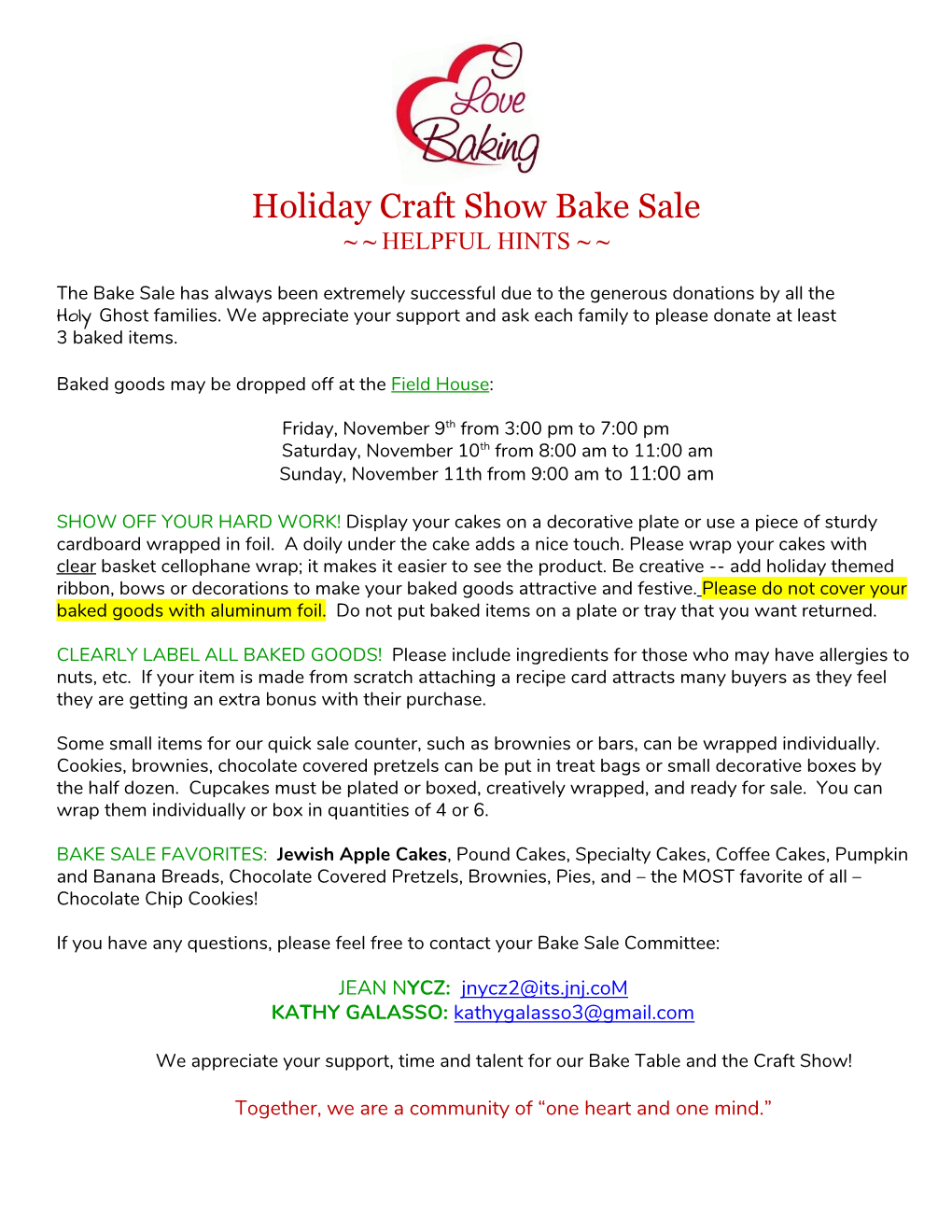 Holiday Craft Show Bake Sale ~ ~ HELPFUL HINTS ~ ~ ​ ​