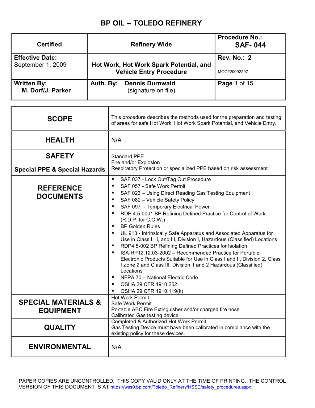 Procedure No. SAF-044 Revision 2