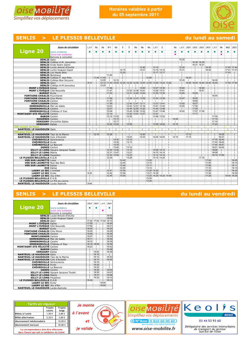 Horaires Ligne 20