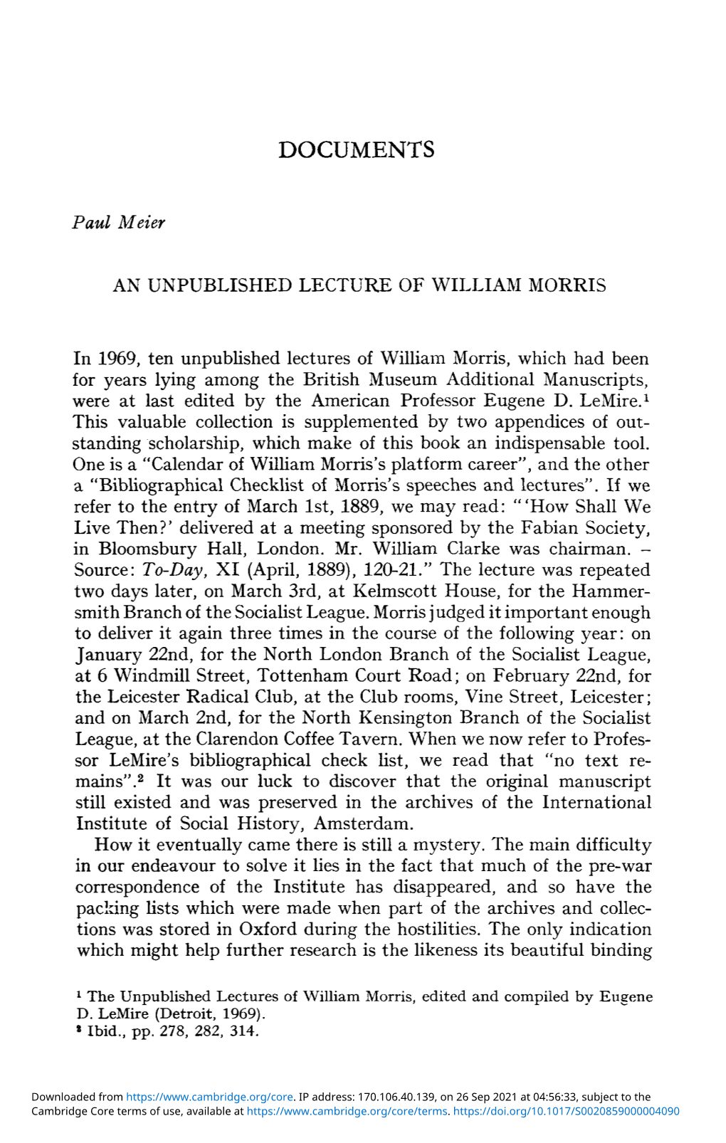 An Unpublished Lecture of William Morris