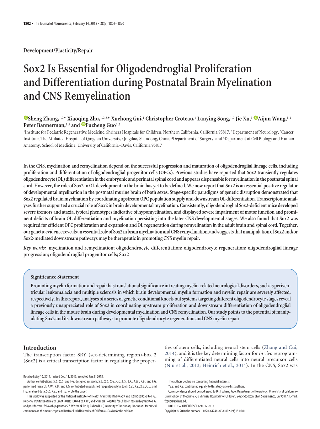 Sox2 Is Essential for Oligodendroglial Proliferation and Differentiation During Postnatal Brain Myelination and CNS Remyelination