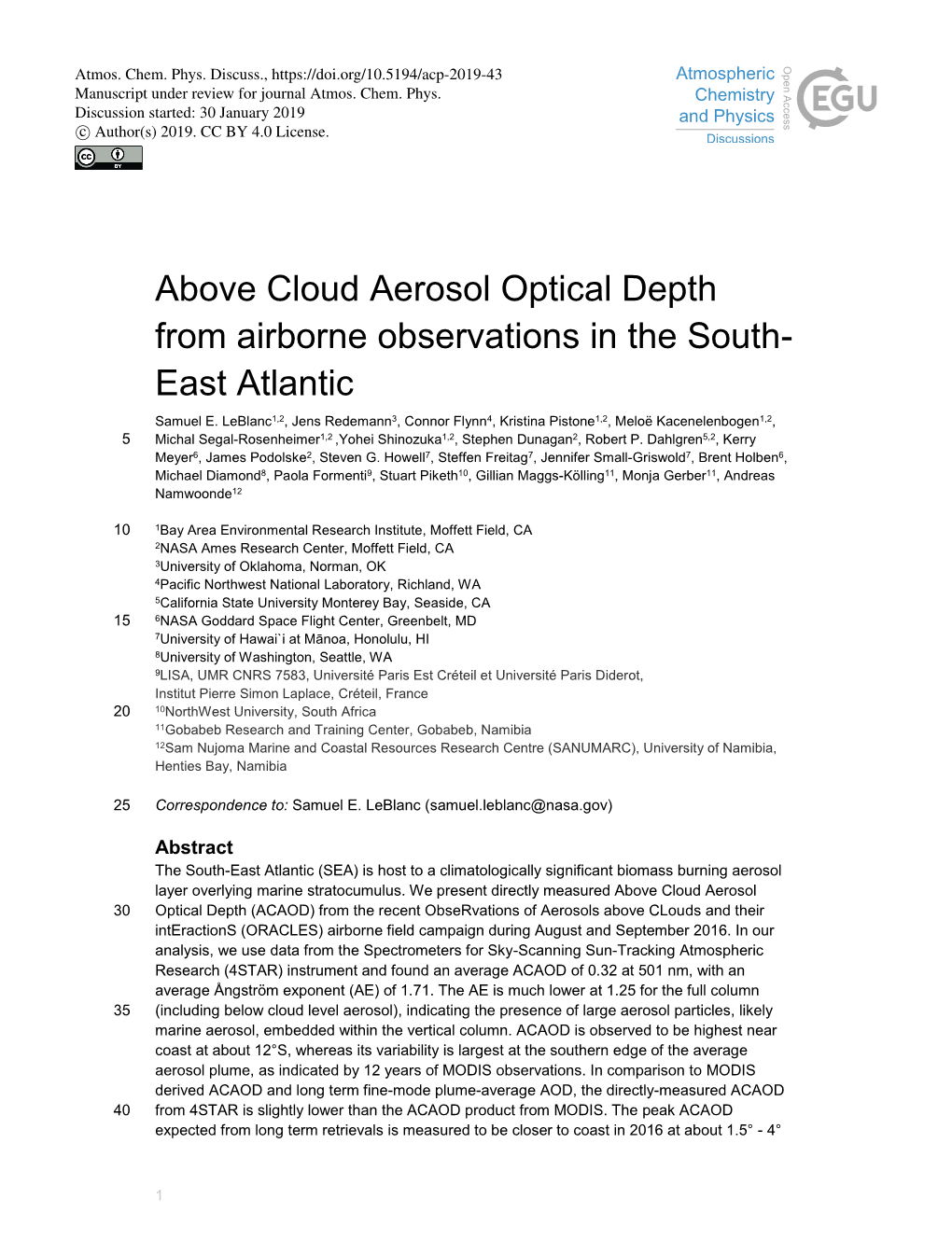 Above Cloud Aerosol Optical Depth from Airborne Observations in the South- East Atlantic Samuel E