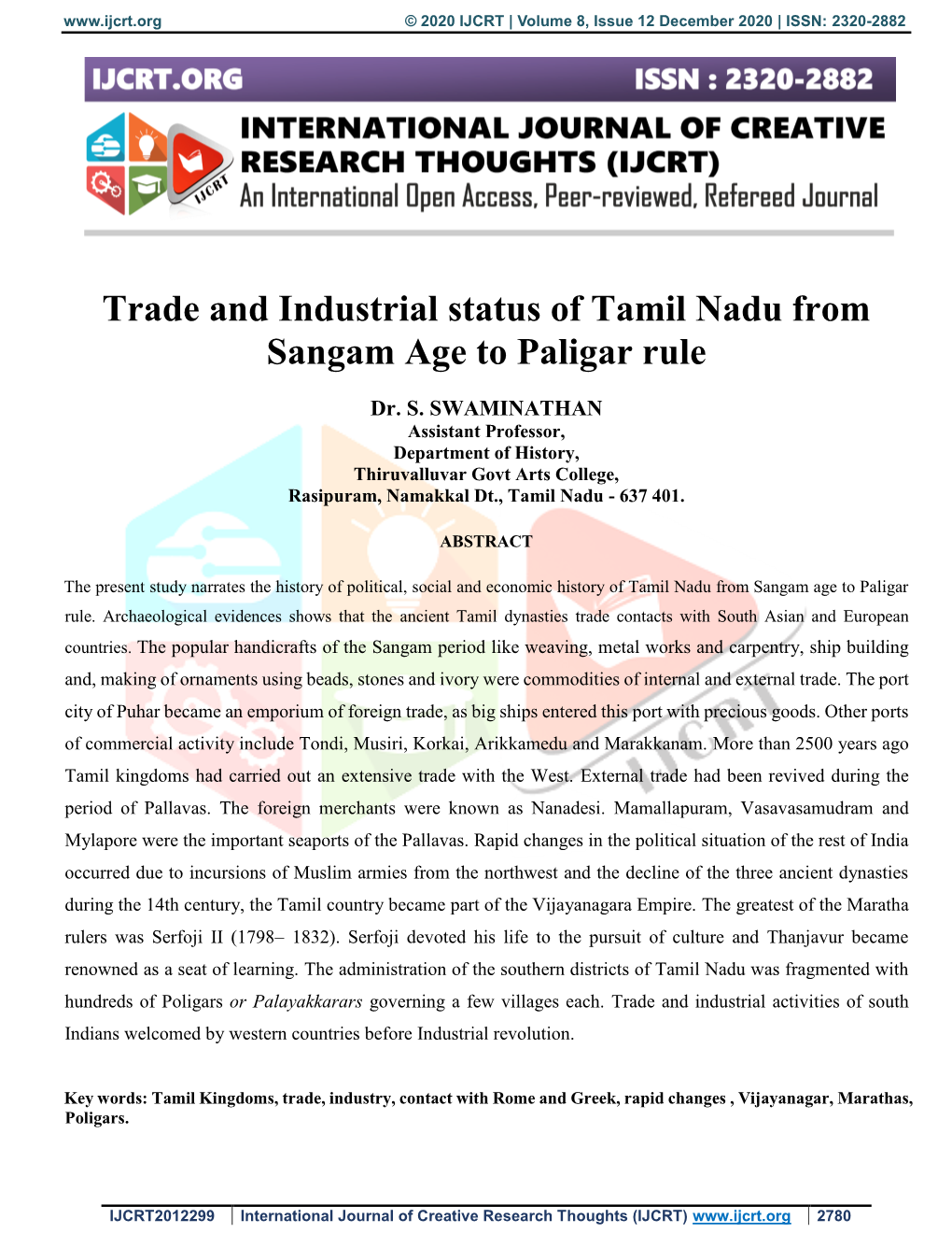 Trade and Industrial Status of Tamil Nadu from Sangam Age to Paligar Rule
