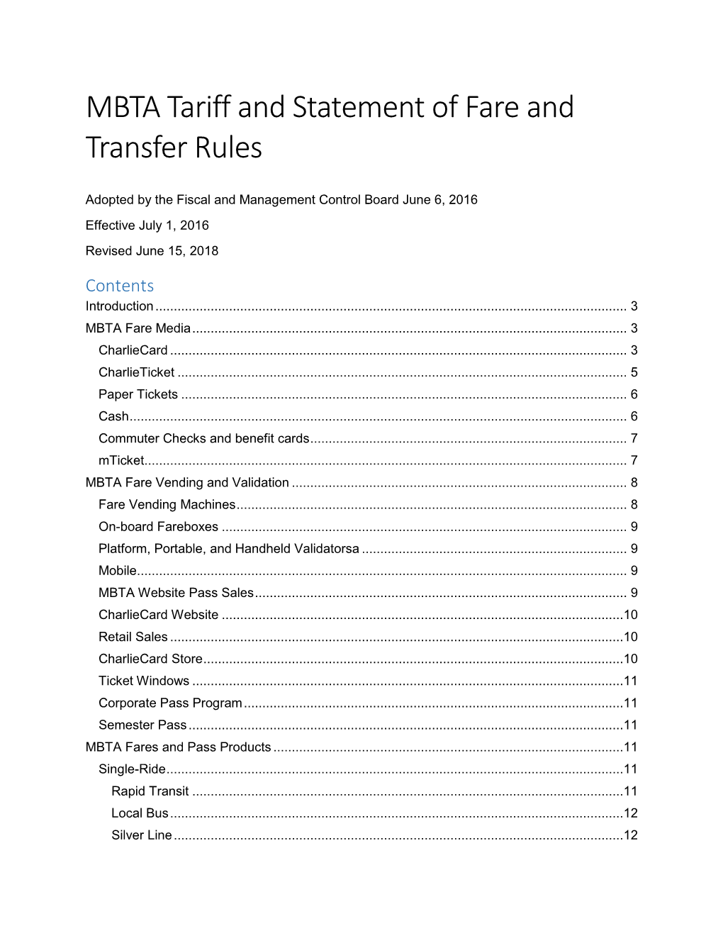 MBTA Tariff and Statement of Fare and Transfer Rules