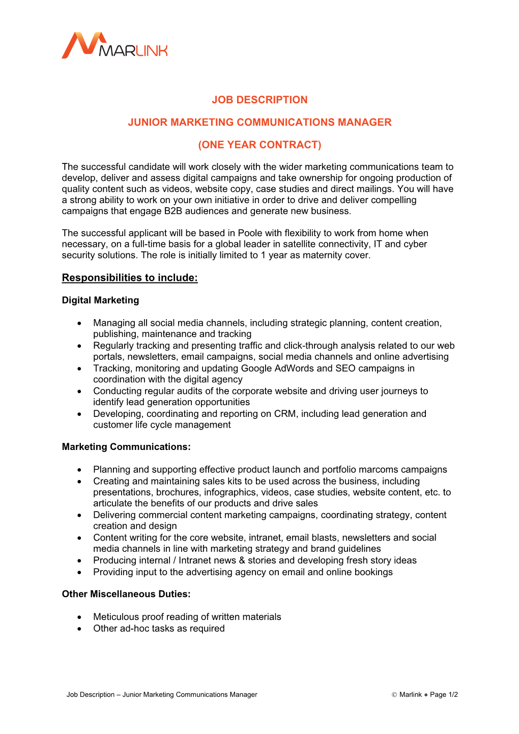 Junior Marketing Communications Manager