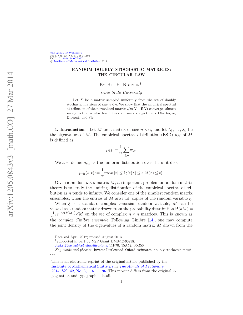 RANDOM DOUBLY STOCHASTIC MATRICES: the CIRCULAR LAW 3 Easily Be Bounded by a Polynomial in N