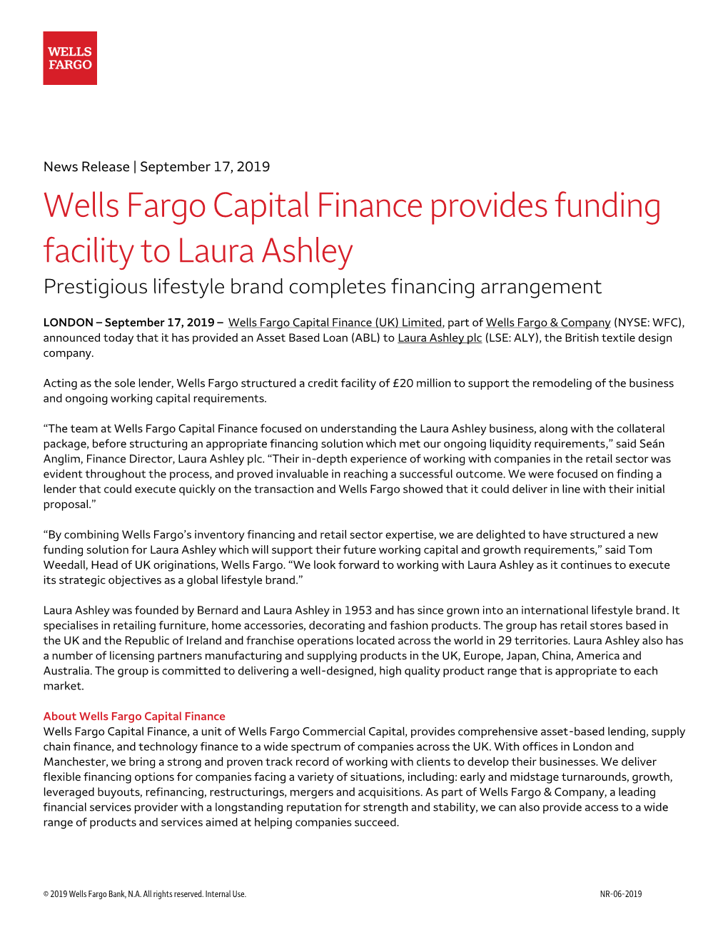 Wells Fargo Capital Finance Provides Funding Facility to Laura Ashley Prestigious Lifestyle Brand Completes Financing Arrangement