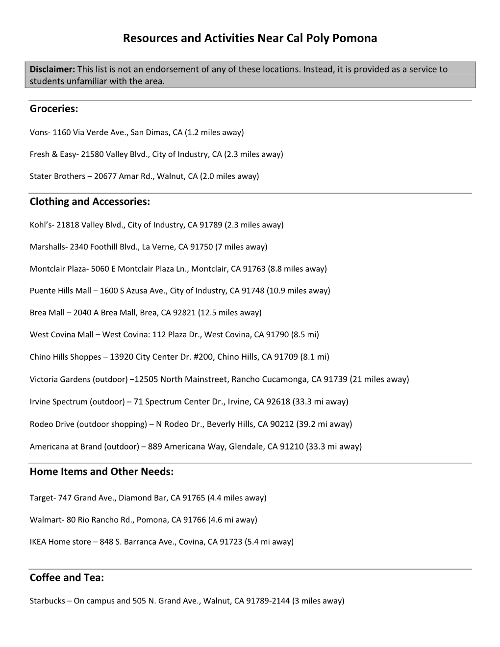 Resources and Activities Near Cal Poly Pomona