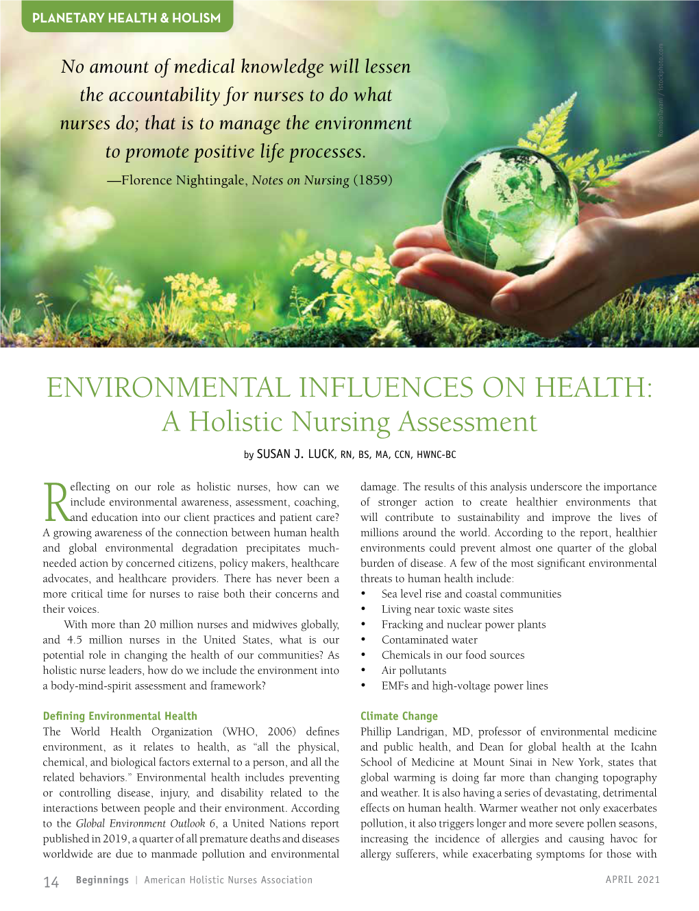 ENVIRONMENTAL INFLUENCES on HEALTH: a Holistic Nursing Assessment