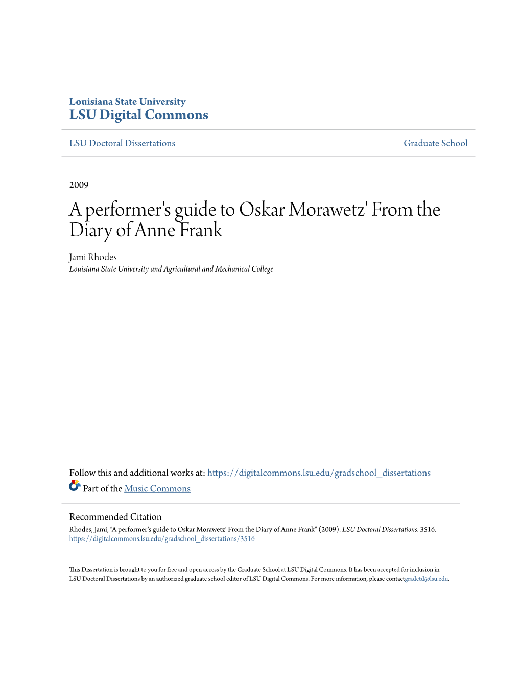 A Performer's Guide to Oskar Morawetz' from the Diary of Anne Frank Jami Rhodes Louisiana State University and Agricultural and Mechanical College