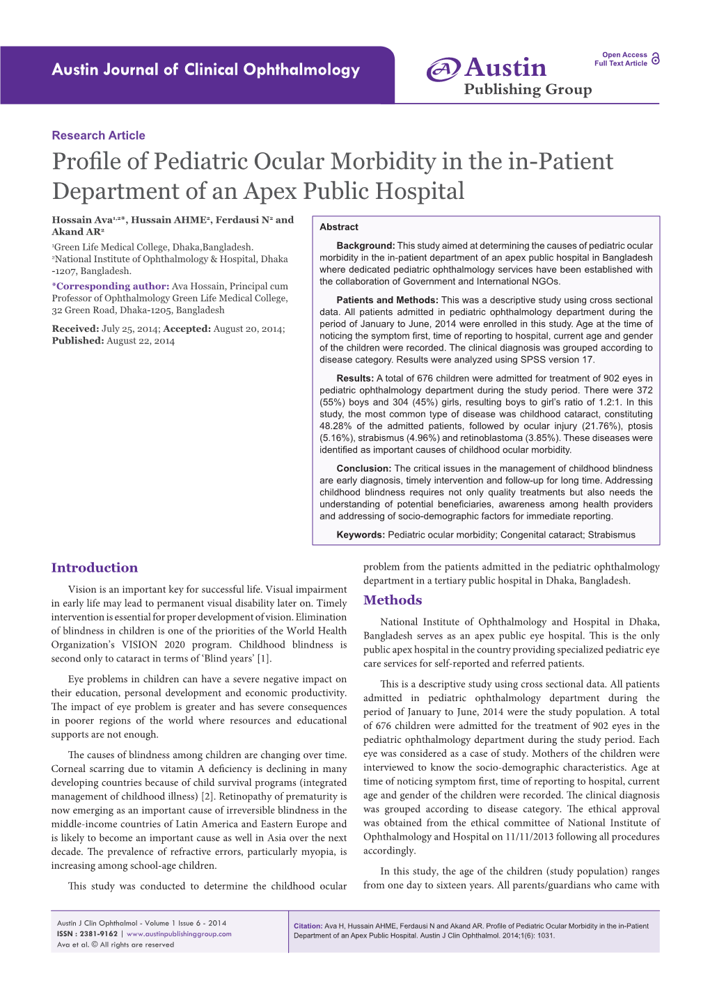 Profile of Pediatric Ocular Morbidity in the In-Patient Department of an Apex Public Hospital