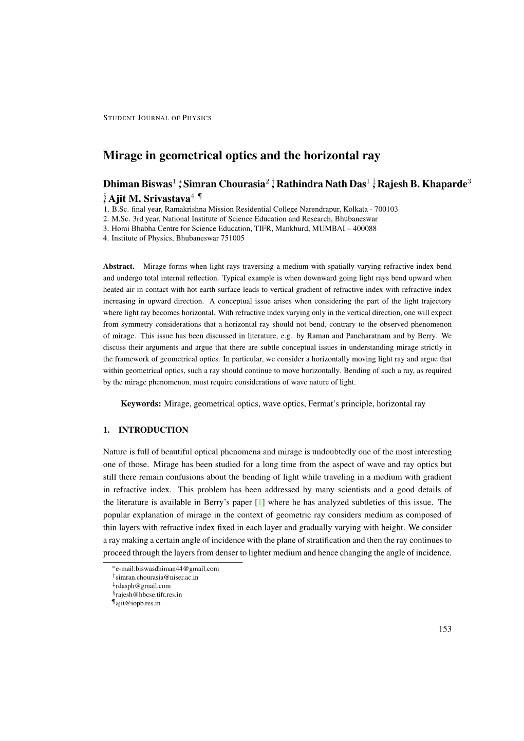 Mirage in Geometrical Optics and the Horizontal Ray