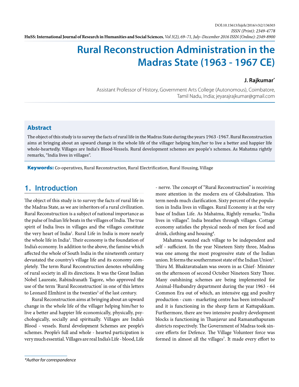 Rural Reconstruction Administration in the Madras State (1963 - 1967 CE)