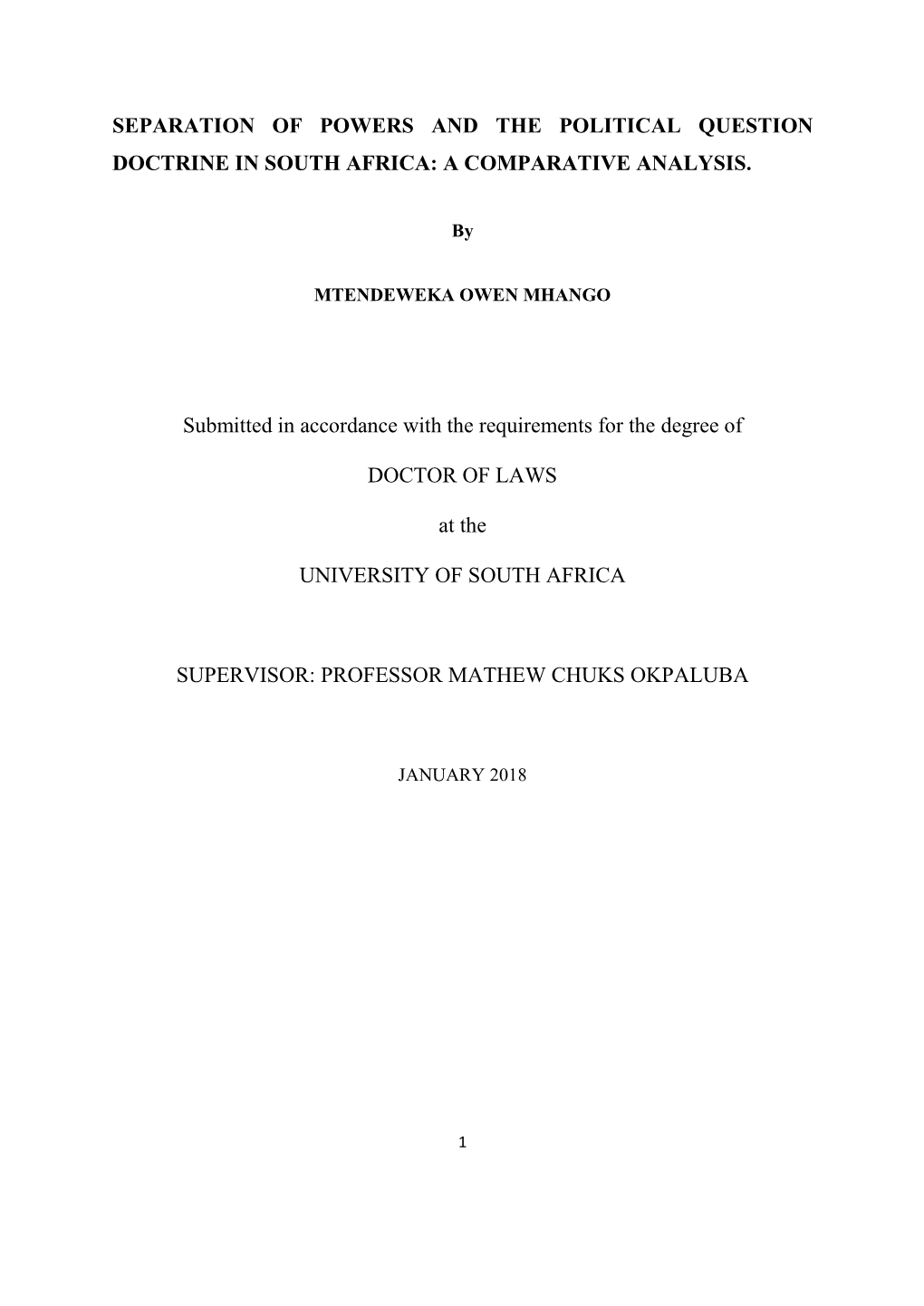 Separation of Powers and the Political Question Doctrine in South Africa: a Comparative Analysis