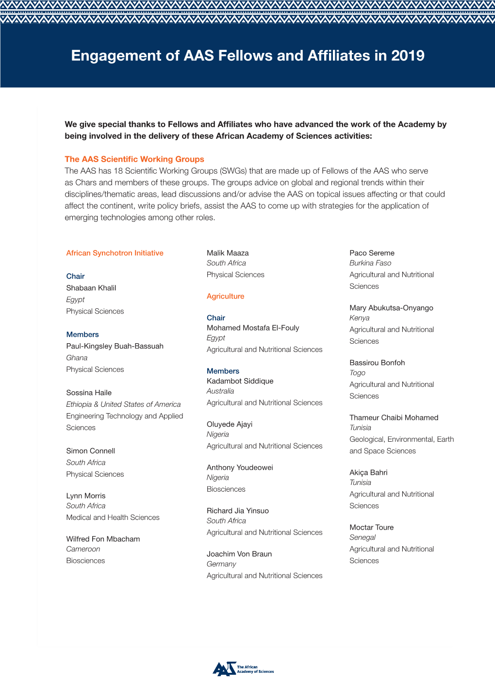 Engagement of AAS Fellows and Affiliates in 2019