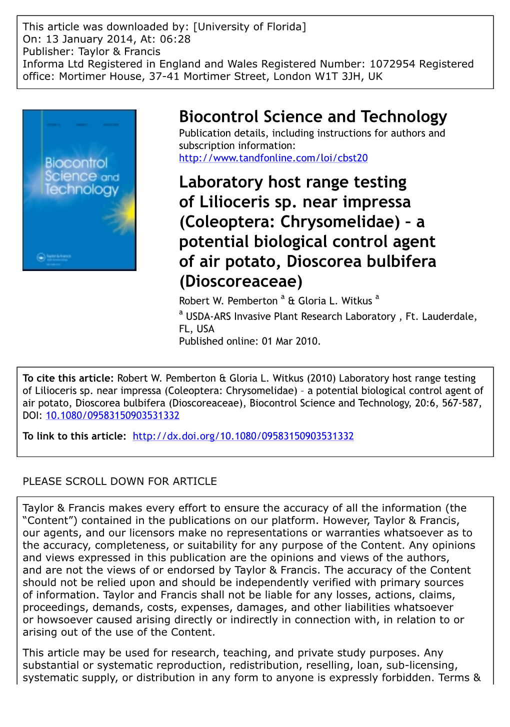 Coleoptera: Chrysomelidae) – a Potential Biological Control Agent of Air Potato, Dioscorea Bulbifera (Dioscoreaceae) Robert W