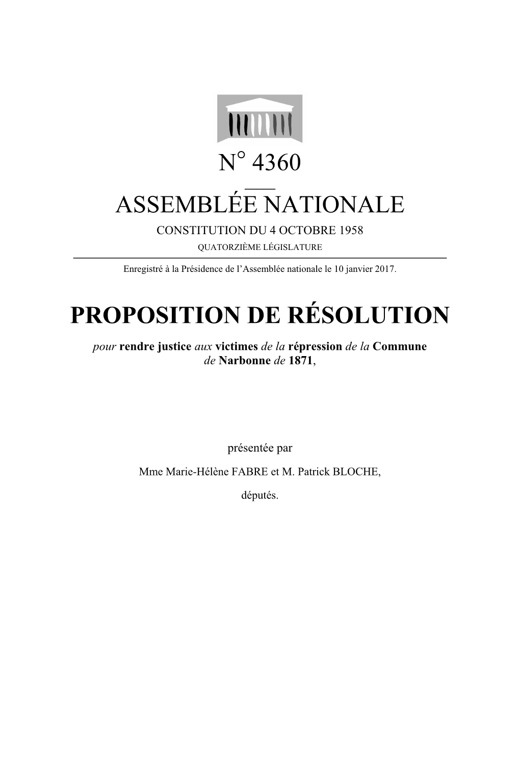 N° 4360 Assemblée Nationale Proposition De Résolution