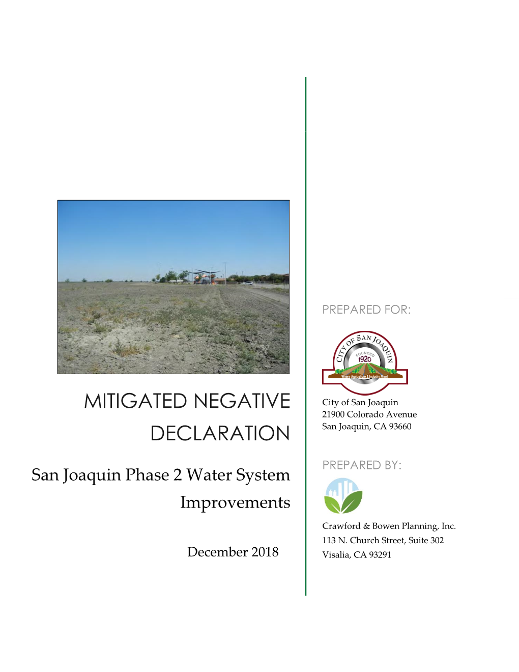 Mitigated Negative Declaration San Joaquin Phase 2 Water System Improvements