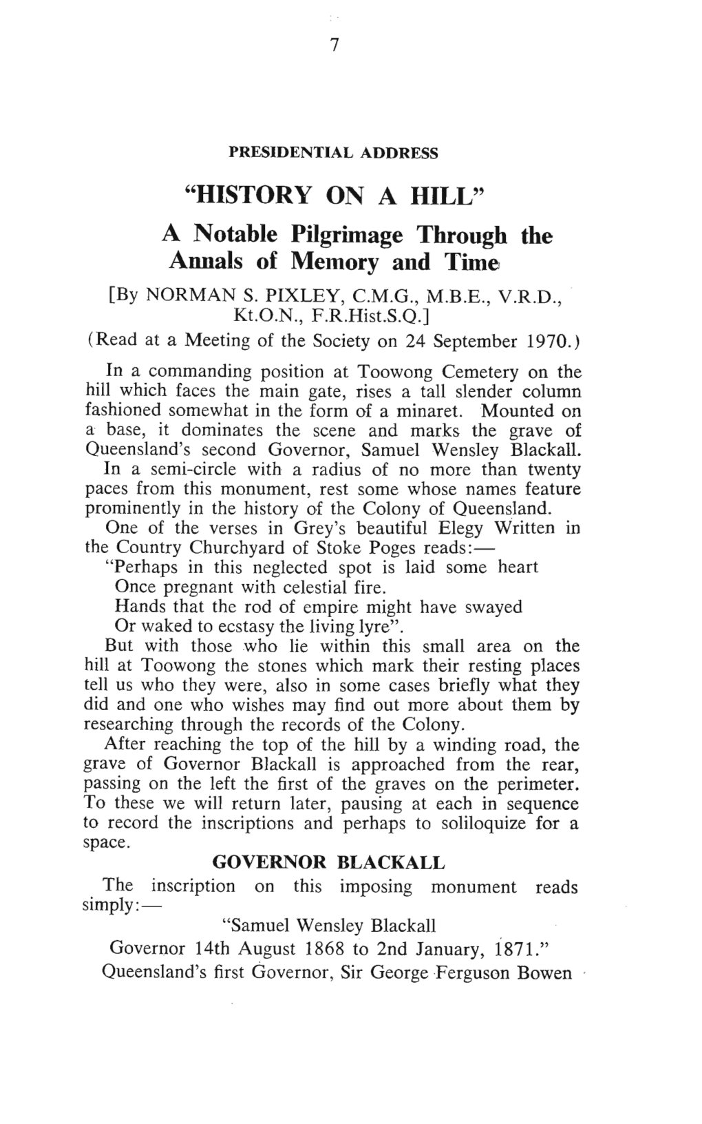 "HISTORY on a HILL" a Notable Pilgrimage Through the Annals of Memory and Time [By NORMAN S