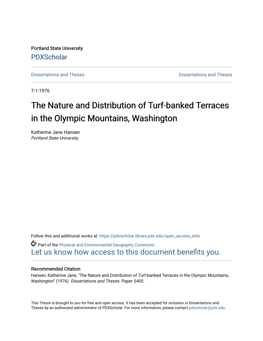 The Nature and Distribution of Turf-Banked Terraces in the Olympic Mountains, Washington