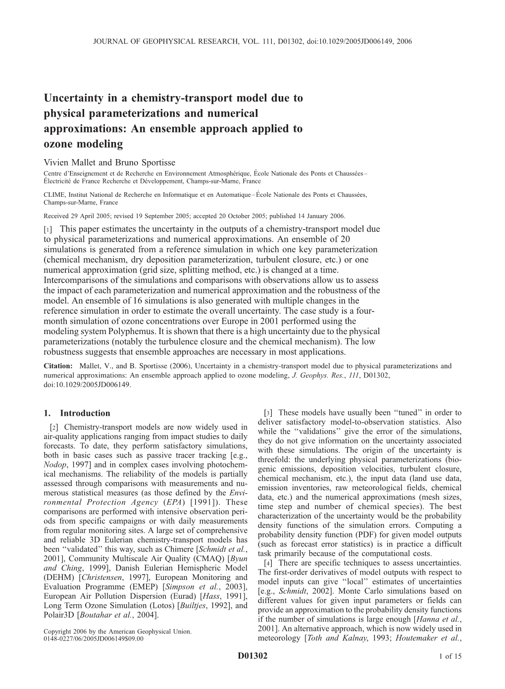 Uncertainty in a Chemistry-Transport Model Due to Physical